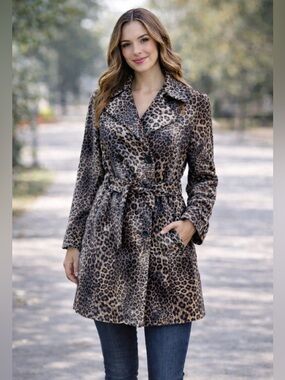 Lisa International Double Breasted Leopard Trench Coat size L